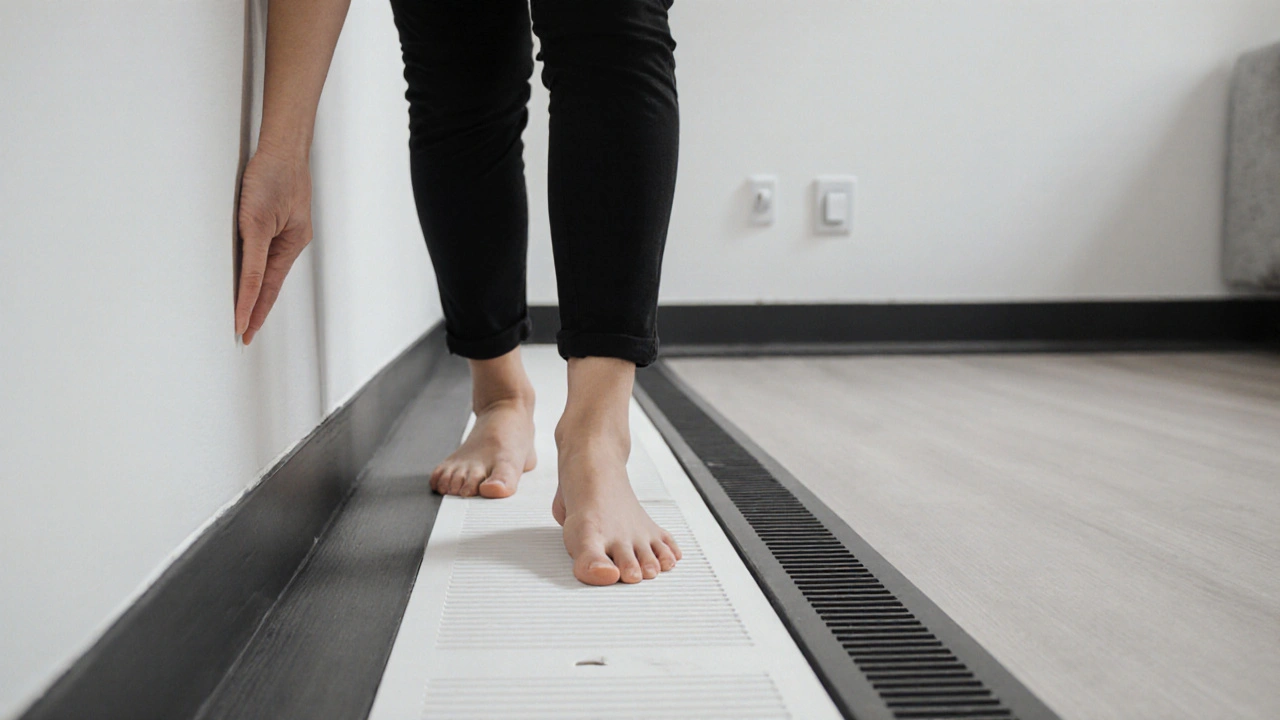 Person navigiert sicher durch Wohnung mit Hilfe von taktilen und visuellen Orientierungshilfen.