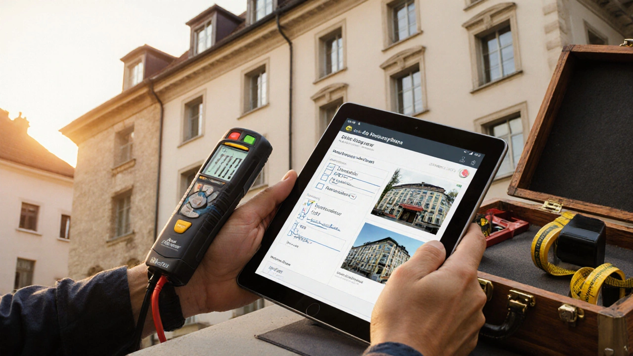 Sachverständiger misst Feuchtigkeit und Ausrichtung einer fertigen Fassade mit digitalen Geräten.