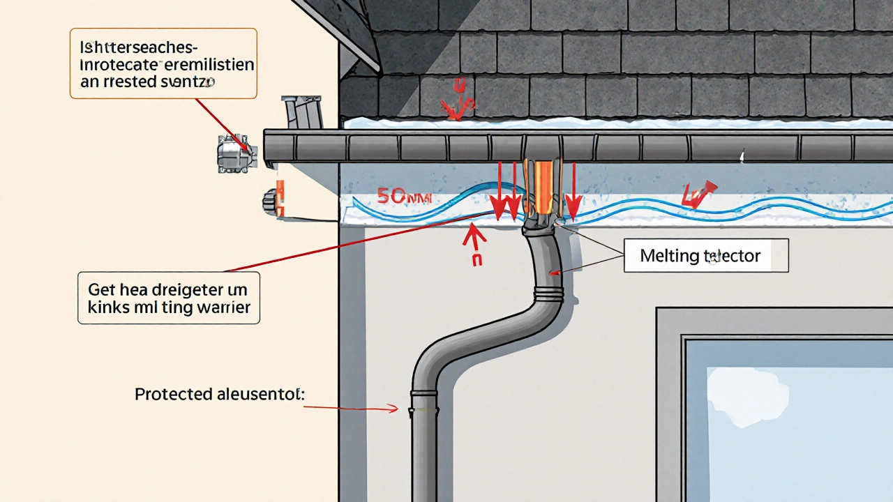 Technische Ansicht einer korrekt installierten Dachrinnenheizung mit Sensor an der Fassade.