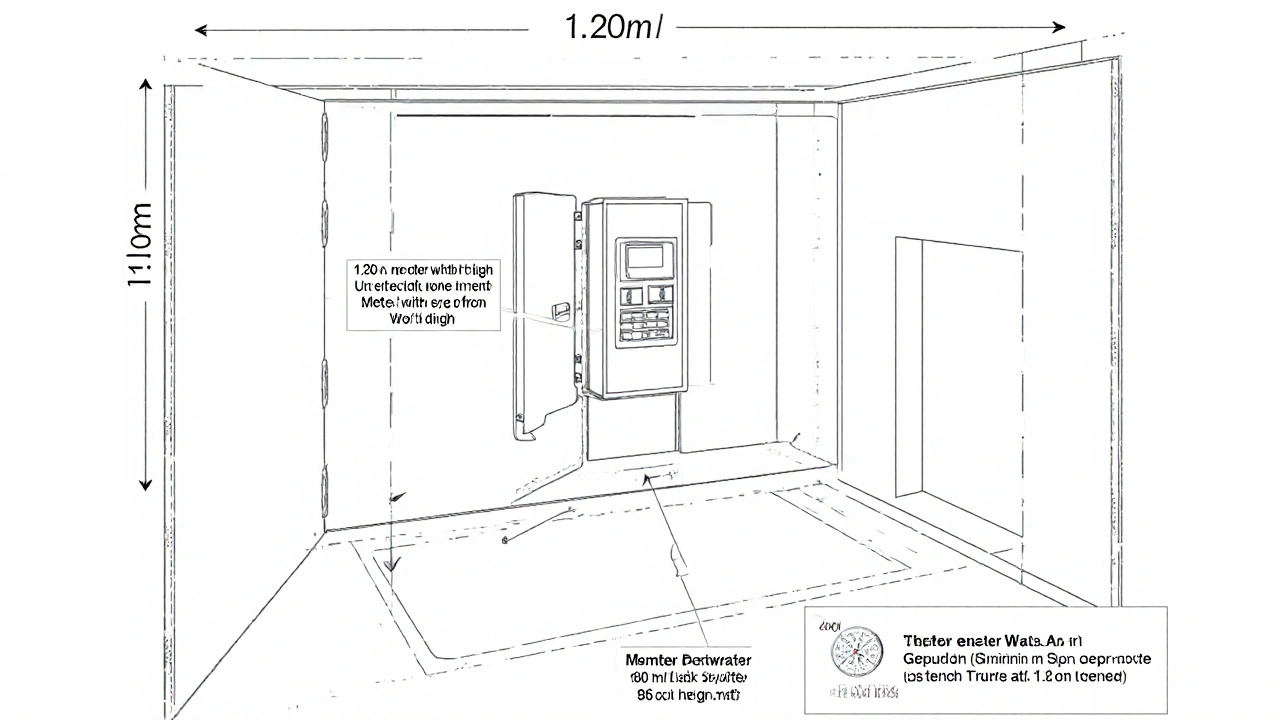 Technische Darstellung der erforderlichen Abmessungen für einen VDE-konformen Zählerplatz mit Arbeitsbereich und korrekter Montagehöhe.