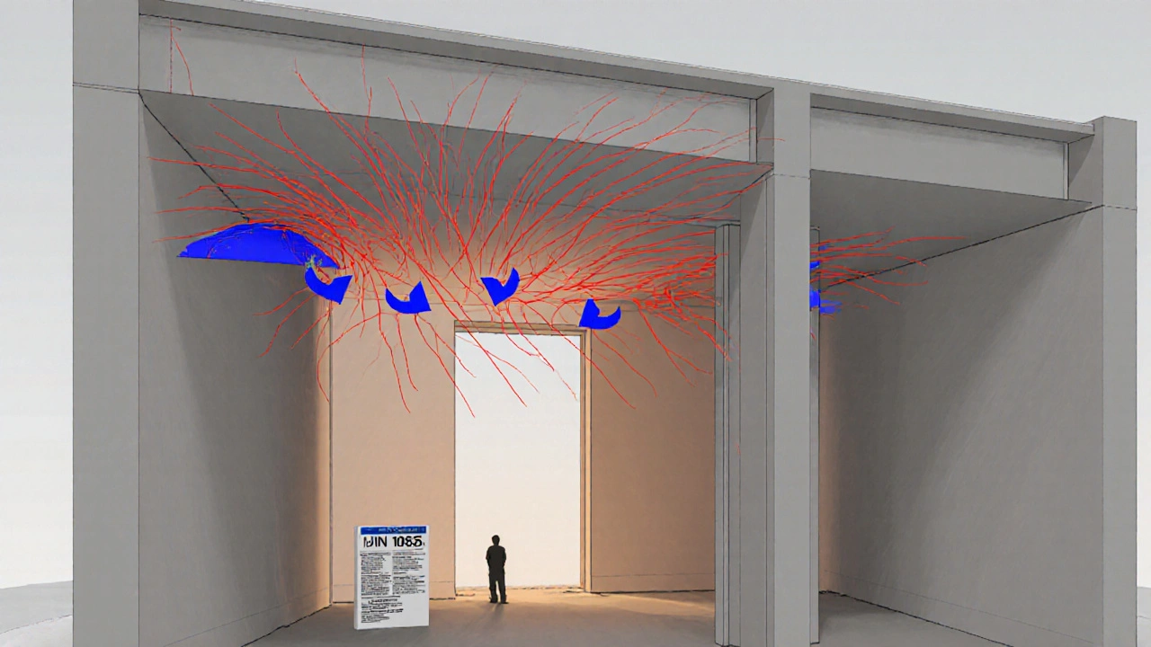 Technische Darstellung der Kraftverteilung bei der Entfernung einer tragenden Wand mit rot- und blau markierten Belastungslinien.