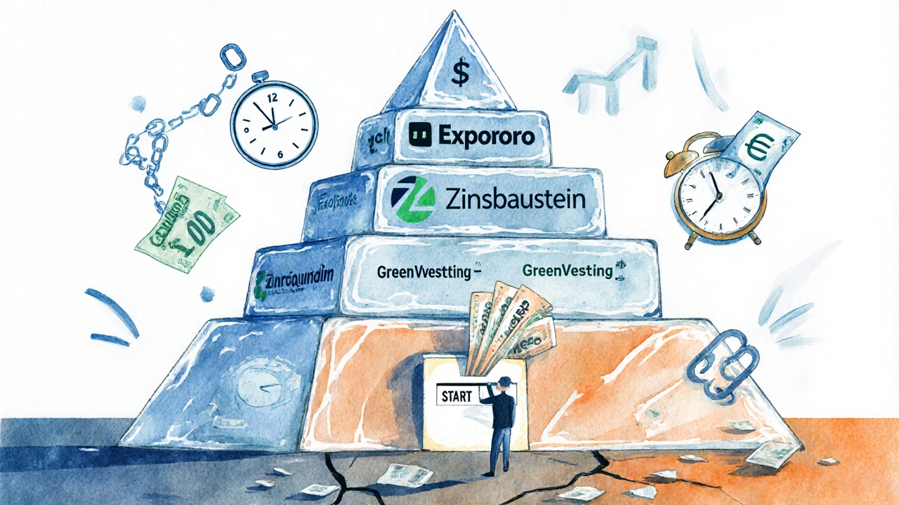 Transparenz-Pyramide aus Glasblöcken mit Crowdfunding-Plattformen und Geldfluss, symbolisiert als finanzielle Hierarchie.