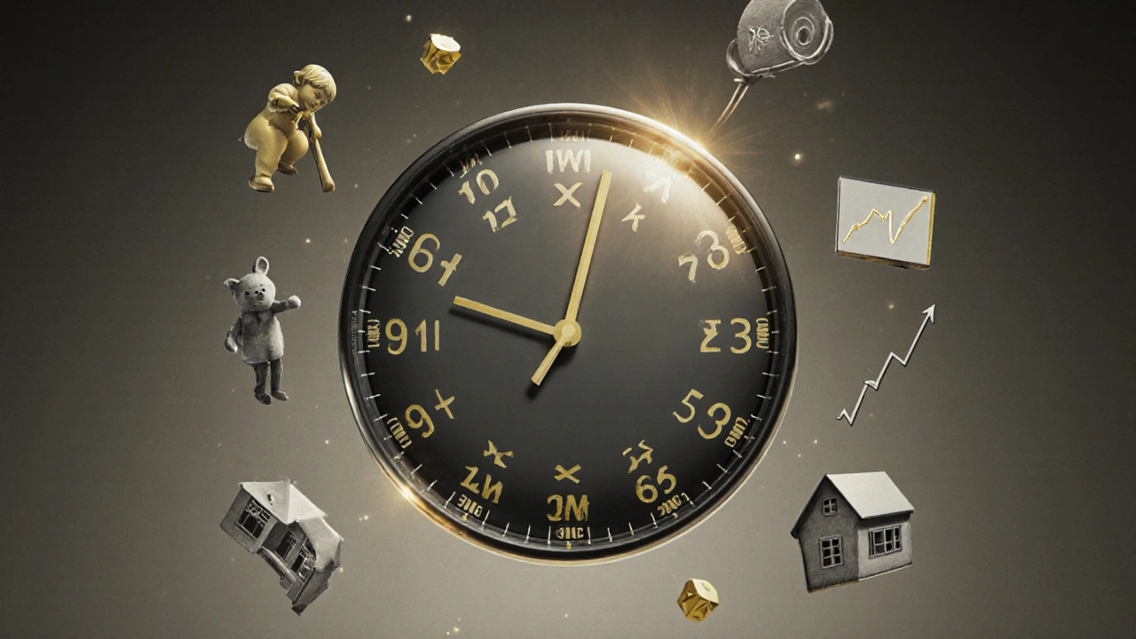 Uhr mit Zinsbindungs-Jahren, 10 Jahre als goldener Mittelpunkt markiert.