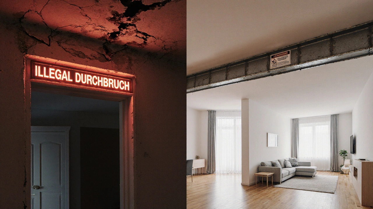 Vergleich: Links ein beschädigtes, rechtswidrig verändertes Wohnzimmer; rechts ein genehmigter, sicherer Durchbruch mit Stahlträger.