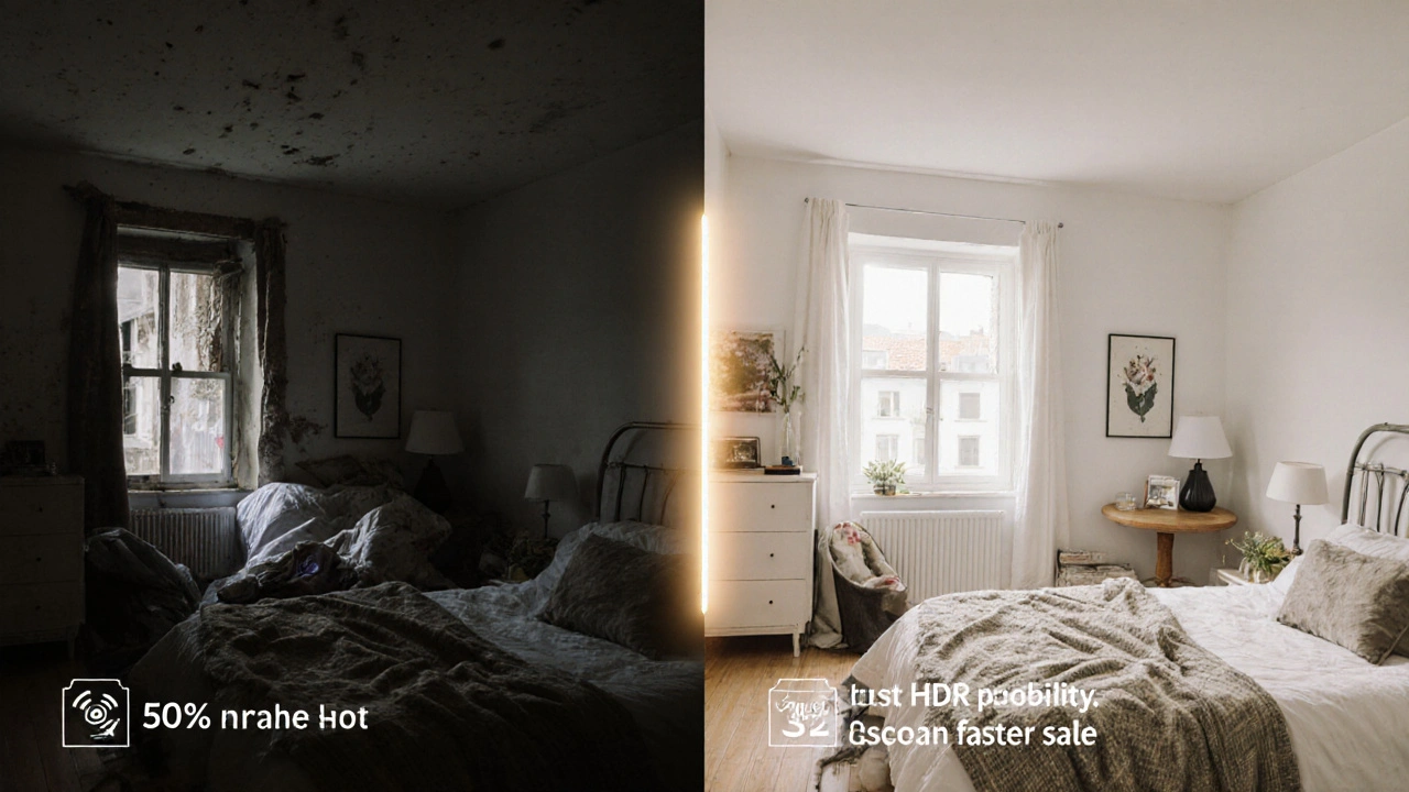 Vergleich: links ein schlechtes Smartphone-Foto, rechts ein professionelles Immobilienfoto — Kontrast zwischen unprofessionell und vertrauenswürdig.