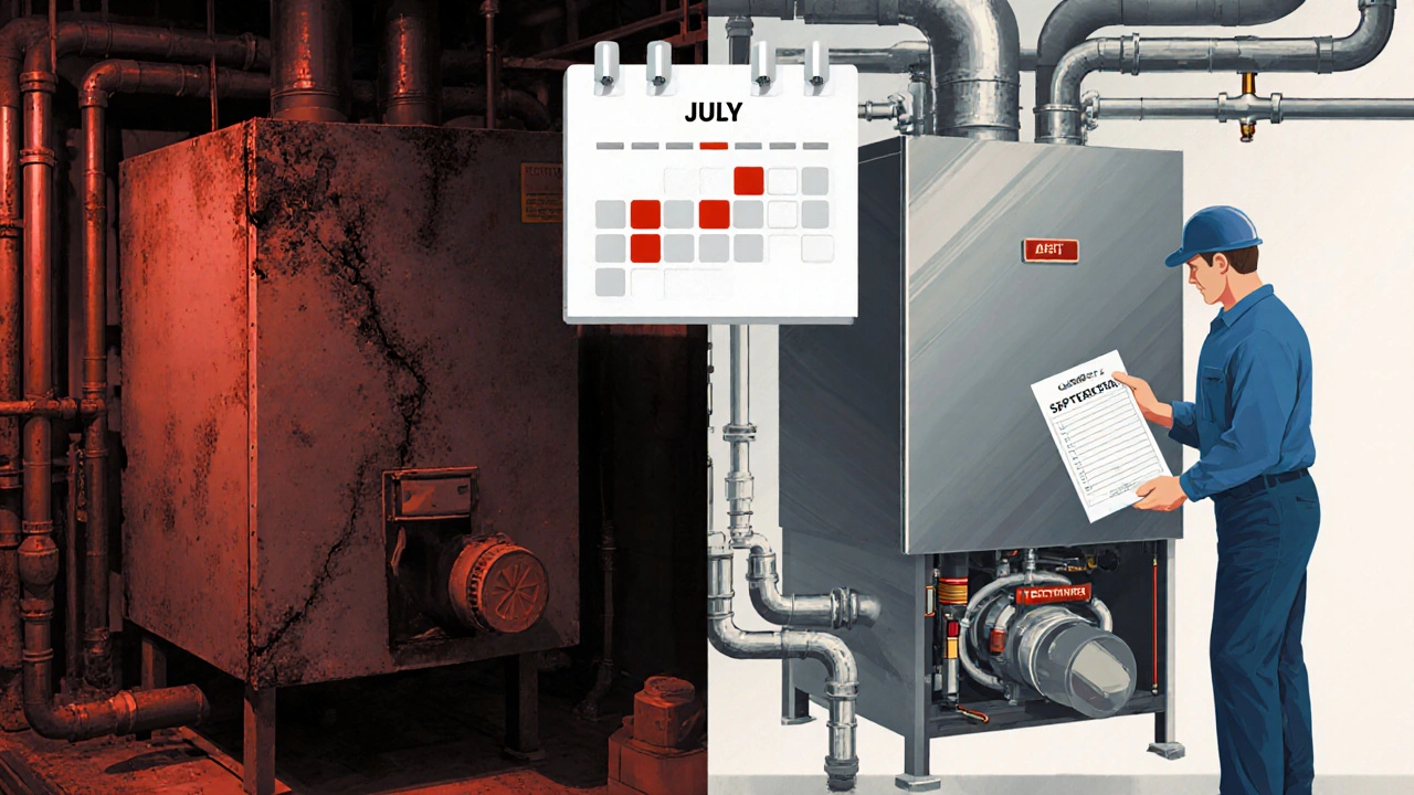 Vergleich: vernachlässigte Heizung links, gewartete Heizung rechts mit Wartungsprotokoll.