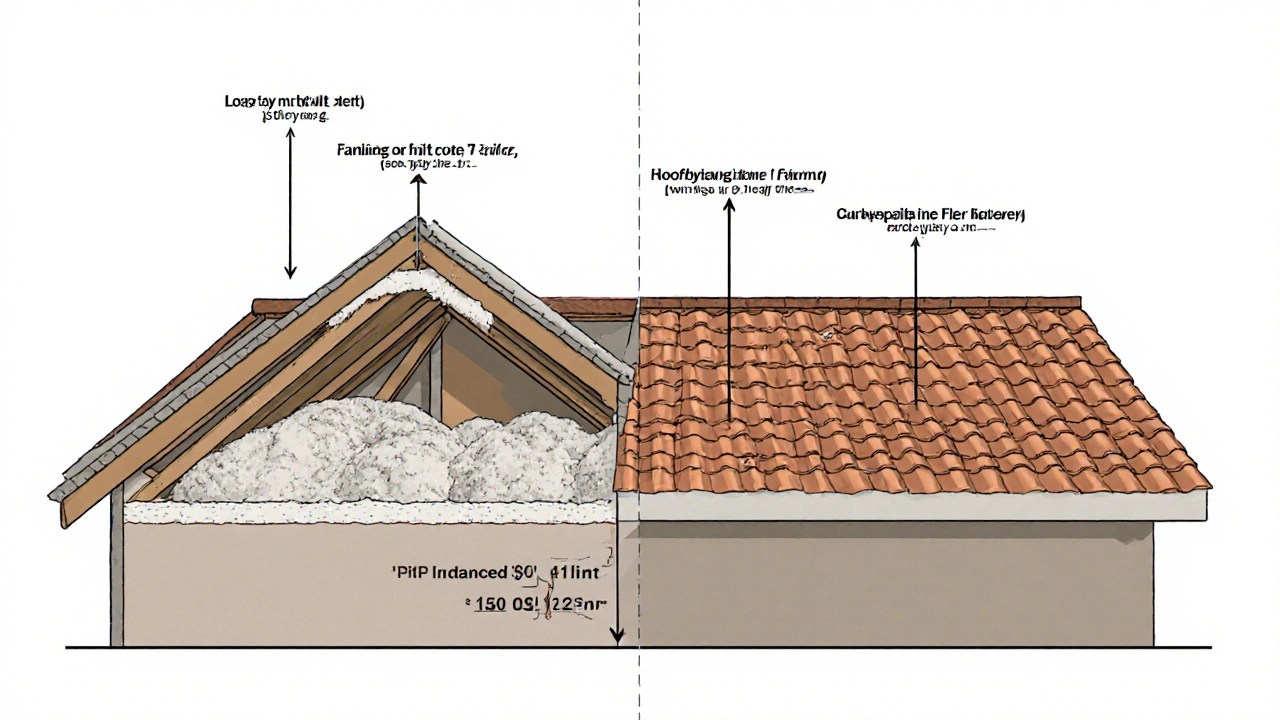 Vergleich zweier Dachdämmmethoden: Dachbodendämmung und Aufsparrendämmung, technische Illustration.