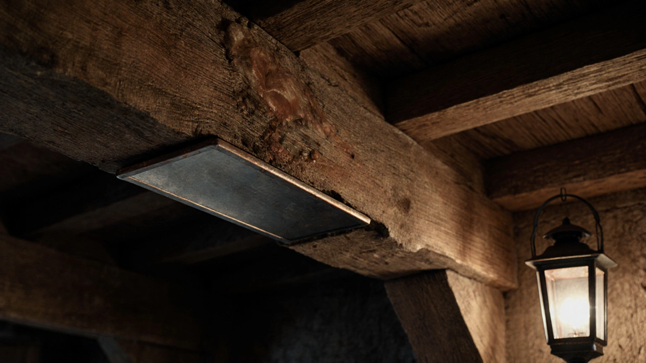 Versteckter Stahlschuh in einem historischen Holzbalken, keine sichtbaren Veränderungen von außen.