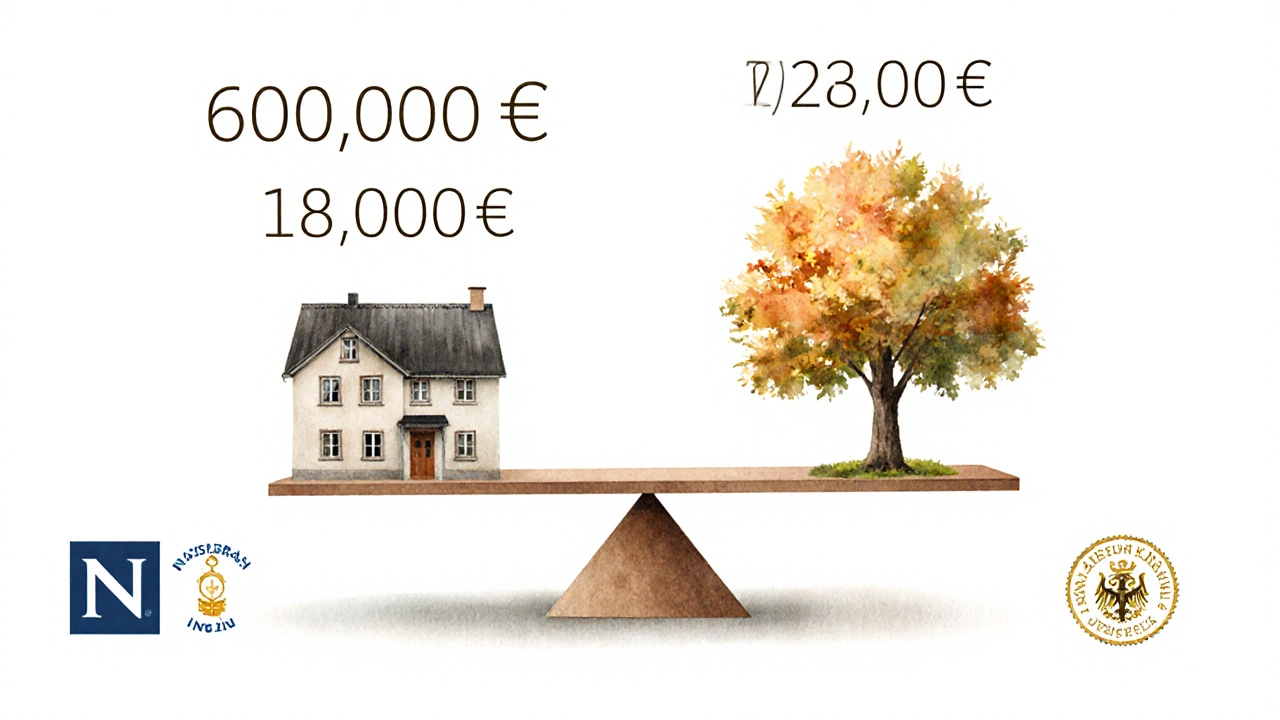 Waage mit Haus und Baum: Nießbrauch spart Steuern, Zahlen zeigen 600.000 €, 182.000 €, 0 €.