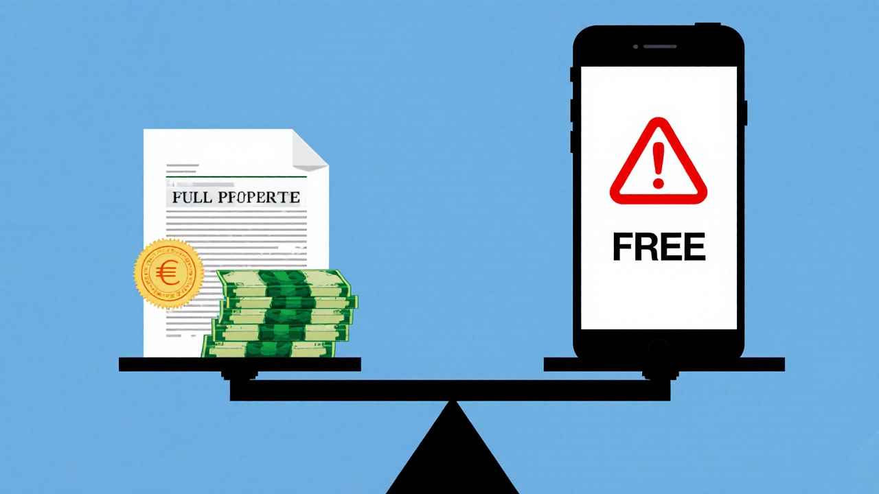 Waage mit teurem Gutachten auf einer Seite und kostenloser Online-Schätzung auf der anderen.