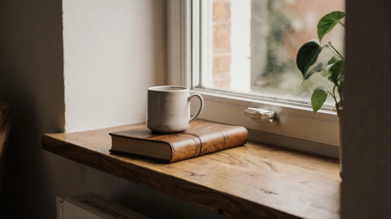 Warme Eichenfensterbank im Wohnzimmer mit Buch und Tasse, sanftes Licht und holzige Maserung.