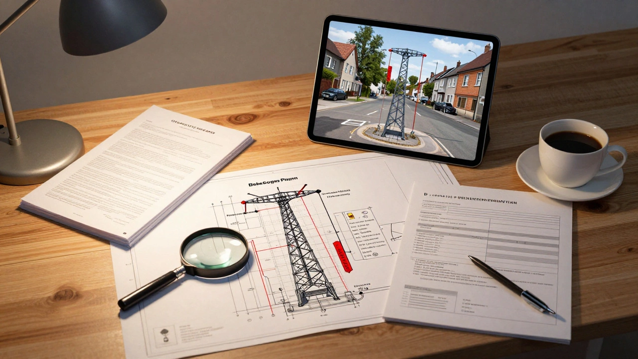 Architekturplan und Fotomontage auf Schreibtisch mit Bebauungsplan und Kaffee.