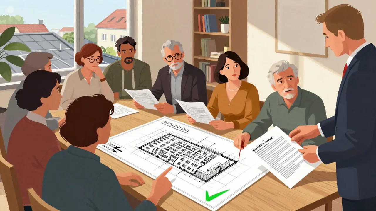 Bewohner diskutieren in einer Eigentümerversammlung über den Bau einer Dachterrasse anhand von Bauplänen.