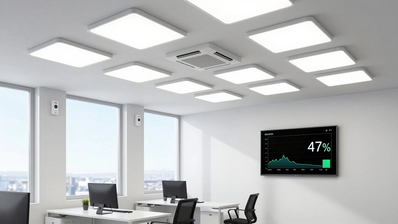 Büro mit zentral gesteuerten LED-Lampen und Tageslichtsensoren, die den Energieverbrauch reduzieren.