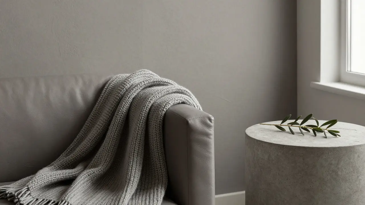 Detailaufnahme dreier Grautexturen: Wand, Wolldecke und Betontisch mit Olivenzweig.