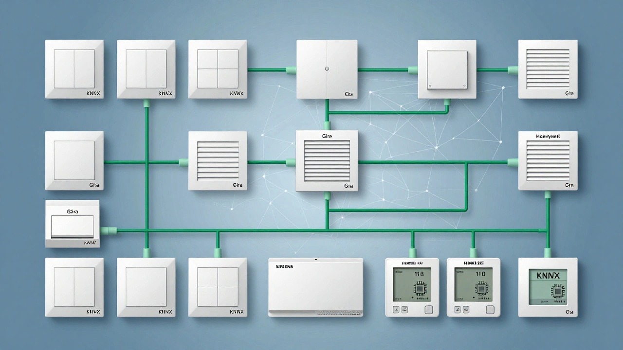 Dezentrales KNX-System mit verschiedenen Herstellern und Buskabeln in einem mehrstöckigen Gebäude.