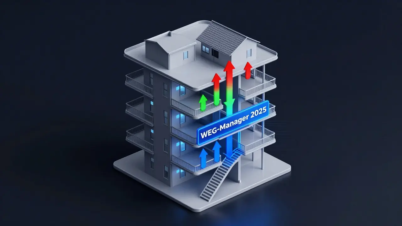 Digitaler 3D-Modellansicht eines Wohnhauses mit farbigen Kostenströmen für Dach, Heizung und Treppenhaus, verbunden mit einer Verwaltungssoftware.