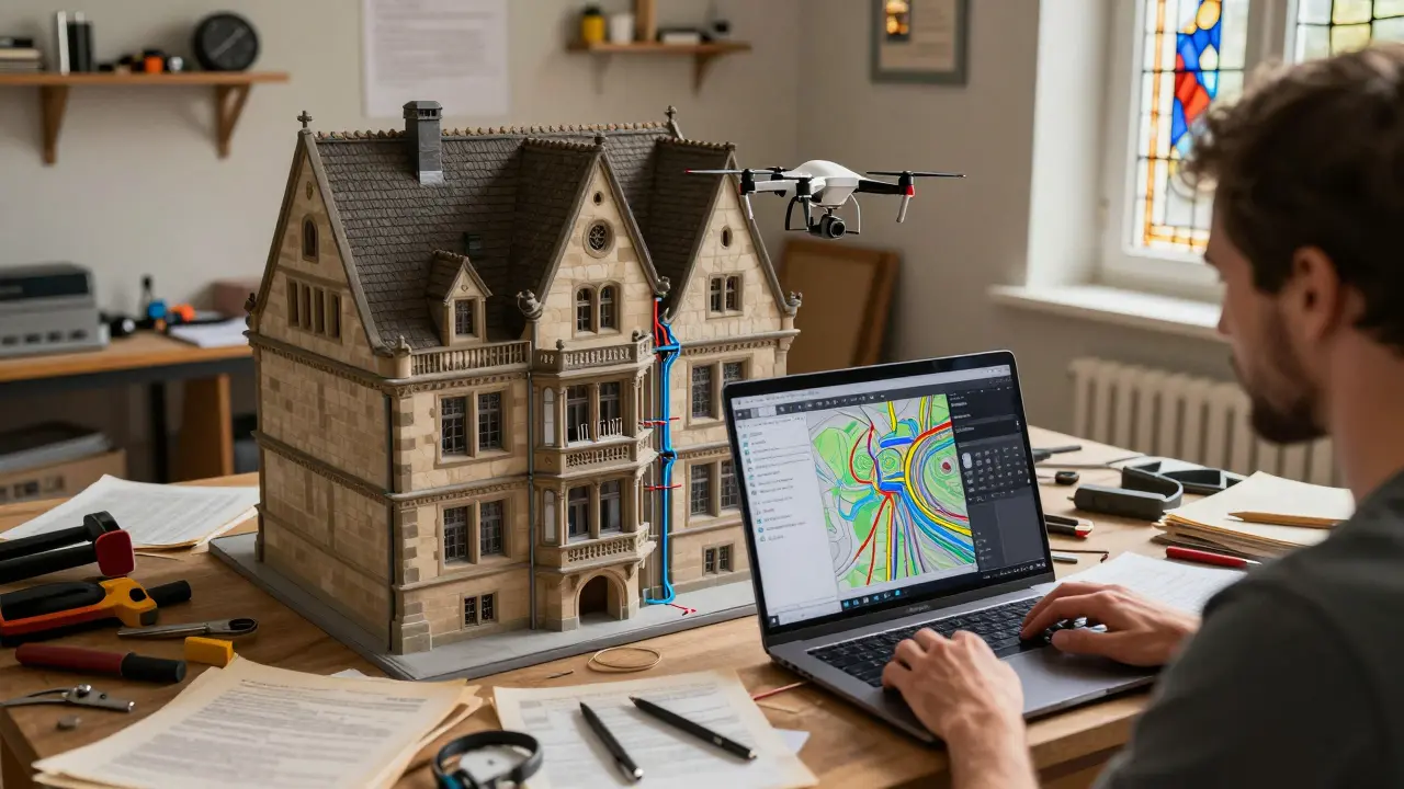 Digitaler BIM-Modellbildschirm mit 3D-Punktwolke und Leitungsdaten, Drohne außen am Dach.