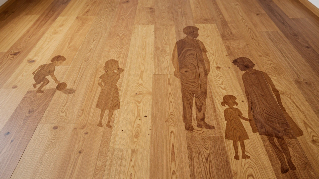 Echtholzboden als Lebenslinie mit verwaschenen Silhouetten von Familie und Zeit