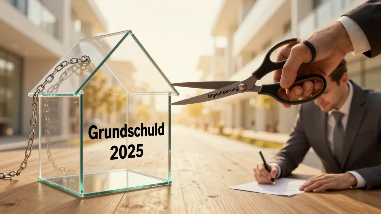 Ein durchsichtiges Haus mit zerschnittenem Kettenband, symbolisiert die Befreiung von Grundschulden.