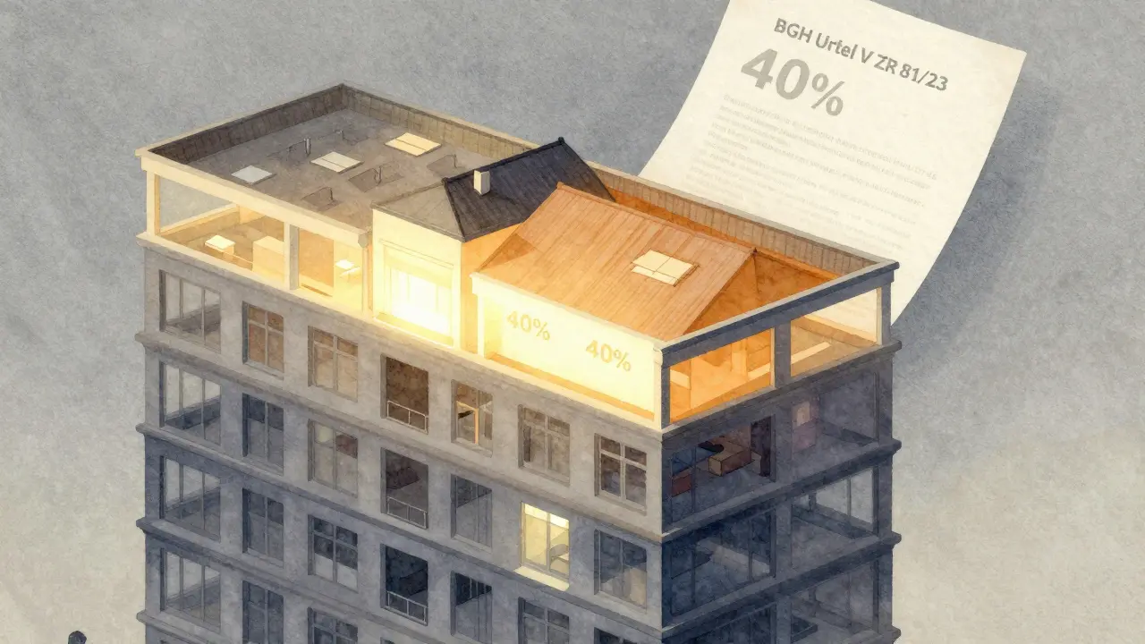 Ein Mehrfamilienhaus mit transparenten Schichten, die unterschiedliche Kostenlasten der Stockwerke bei Dachdämmung zeigen.