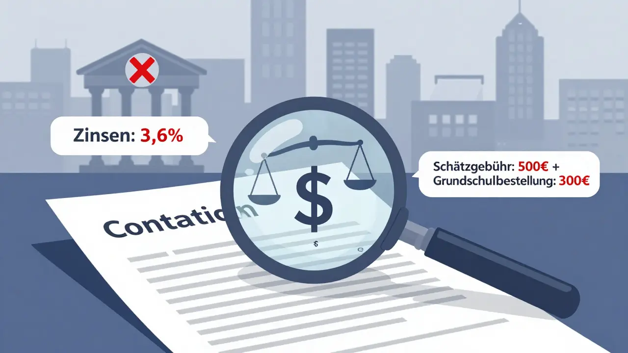Eine Lupe enthüllt versteckte Kosten in einem Immobilienkreditvertrag.