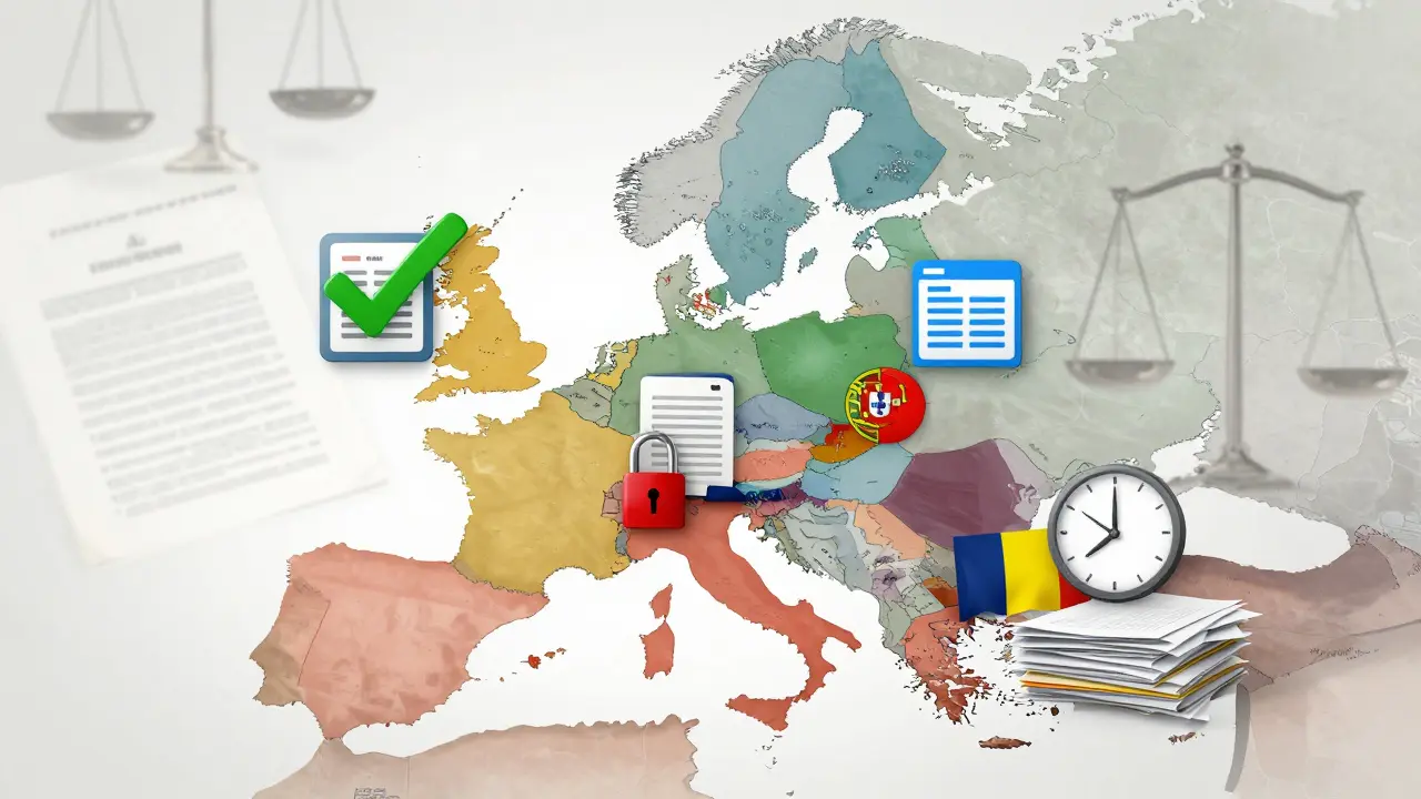 Europakarte mit farbigen Symbolen für Grundbuchzugang: Spanien grün, Italien rot, Portugal blau, Rumänien mit Uhr und Papierstapel.
