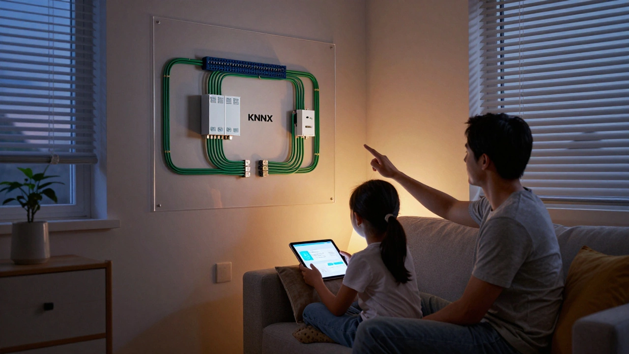 Familie steuert Smart-Home-Funktionen über Tablet, während die KNX-Infrastruktur durch eine transparente Wand sichtbar ist.