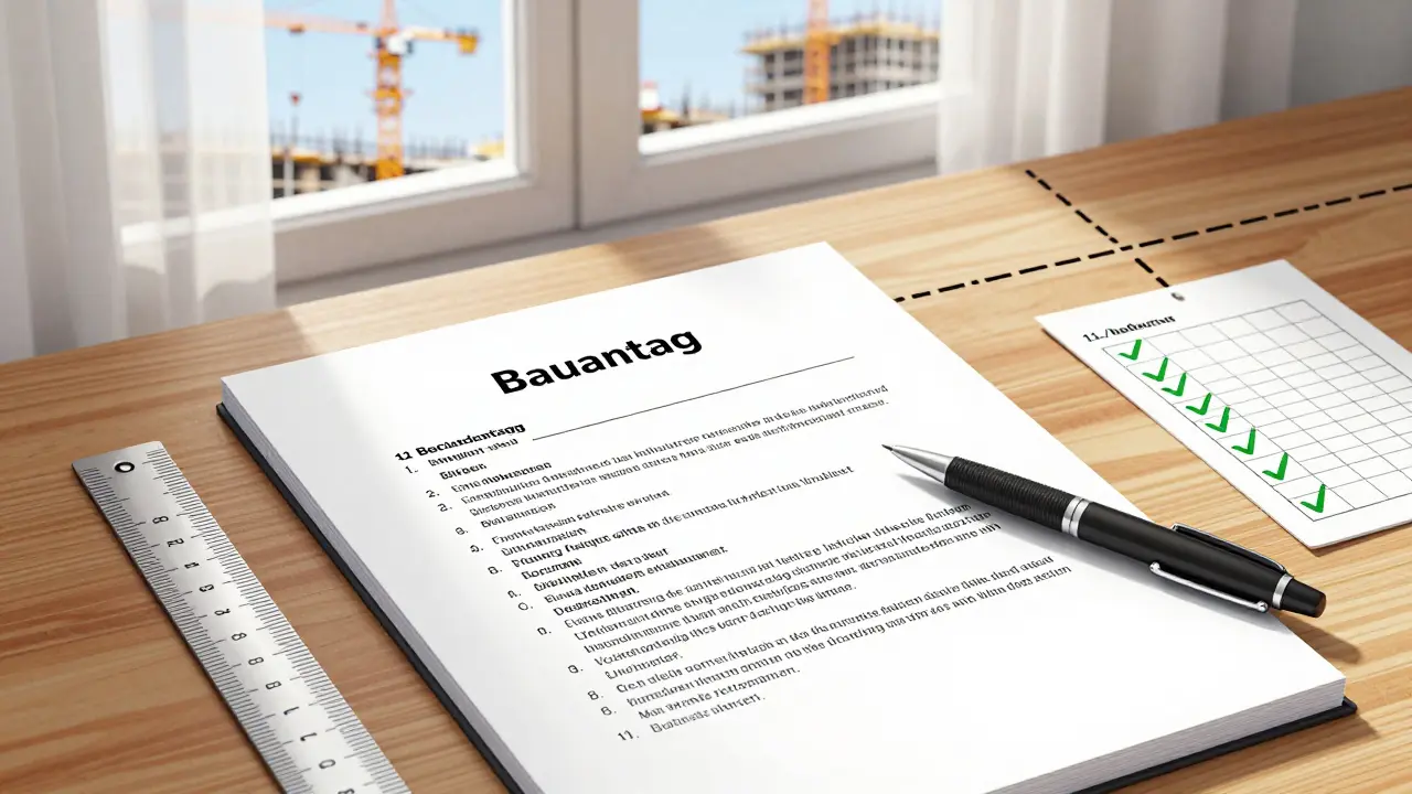 Formaler Bauantrag mit den 12 Pflichtpunkten für Nachbarzustimmung auf einem Schreibtisch.