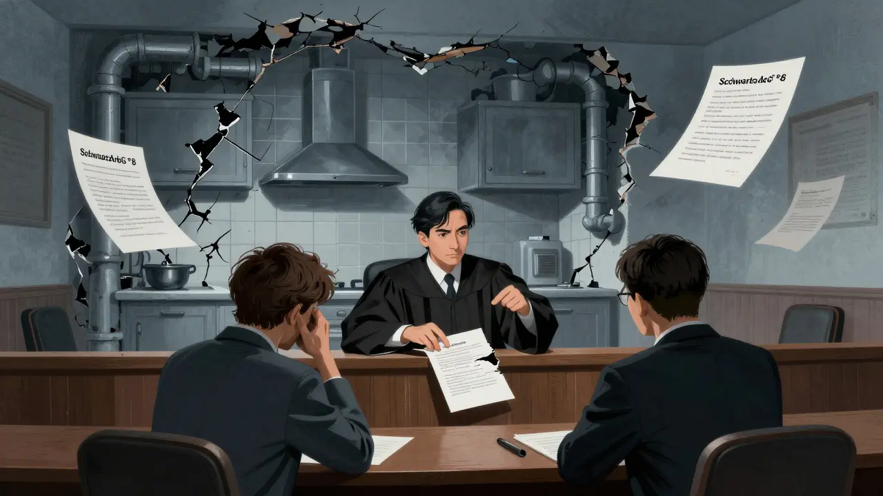 Gerichtsszene: Hausbesitzer blickt auf einen ungültigen Vertrag, während eine kaputte Küche als Schatten droht.