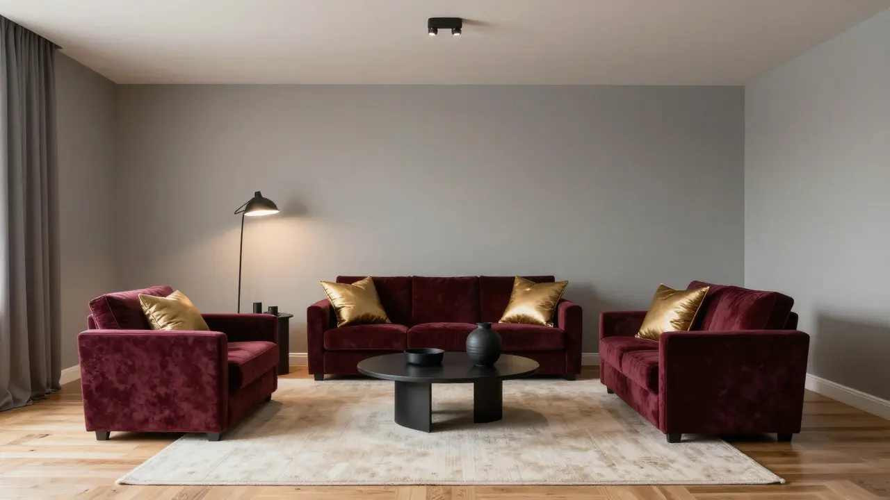 Graues Wohnzimmer mit Burgunderrot und Creme nach der 60-30-10-Regel, Holzböden und mehreren Lichtquellen.