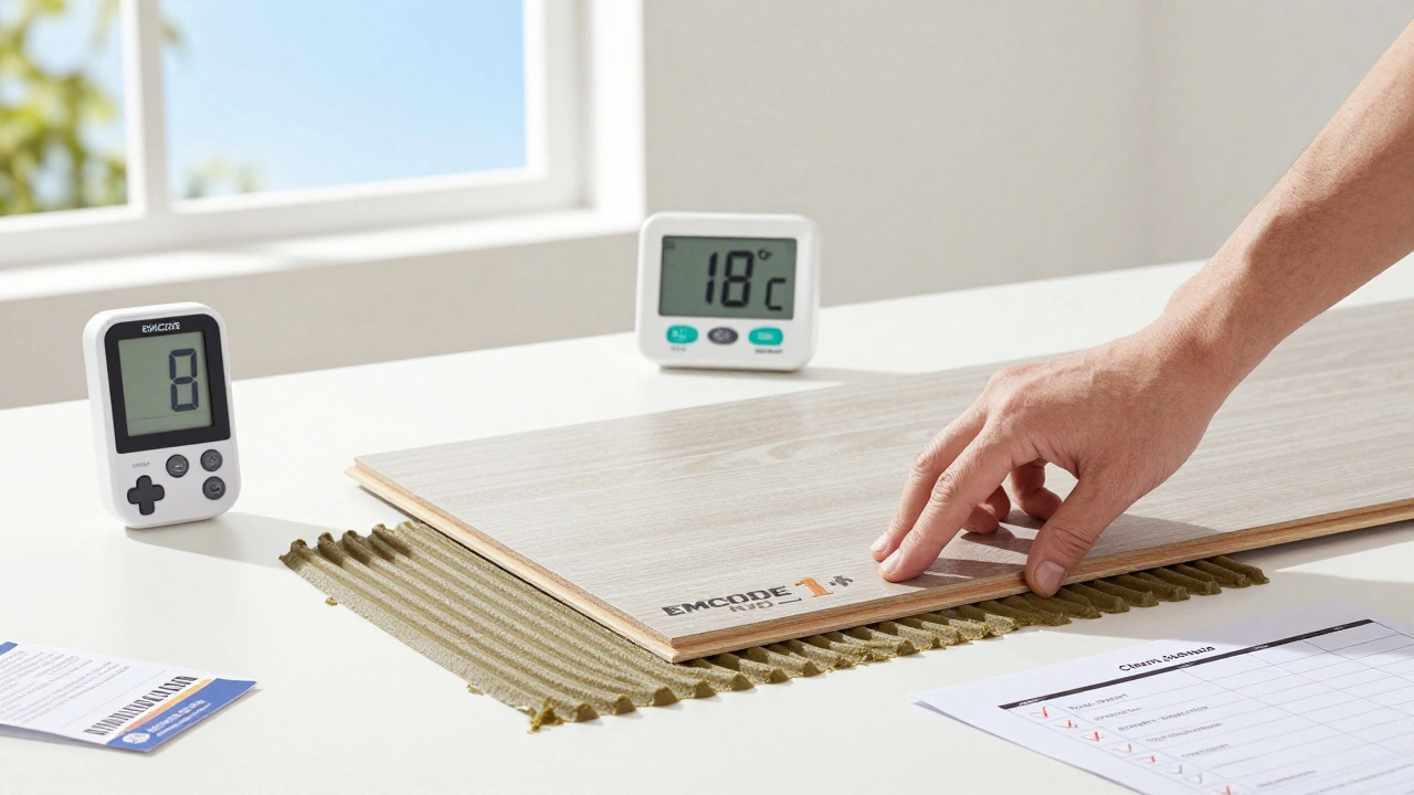 Hand legt Bodenbelag mit EMICODE 1 plus-Kleber auf, Temperaturmessgerät und Luftqualitätsmonitor im Hintergrund.