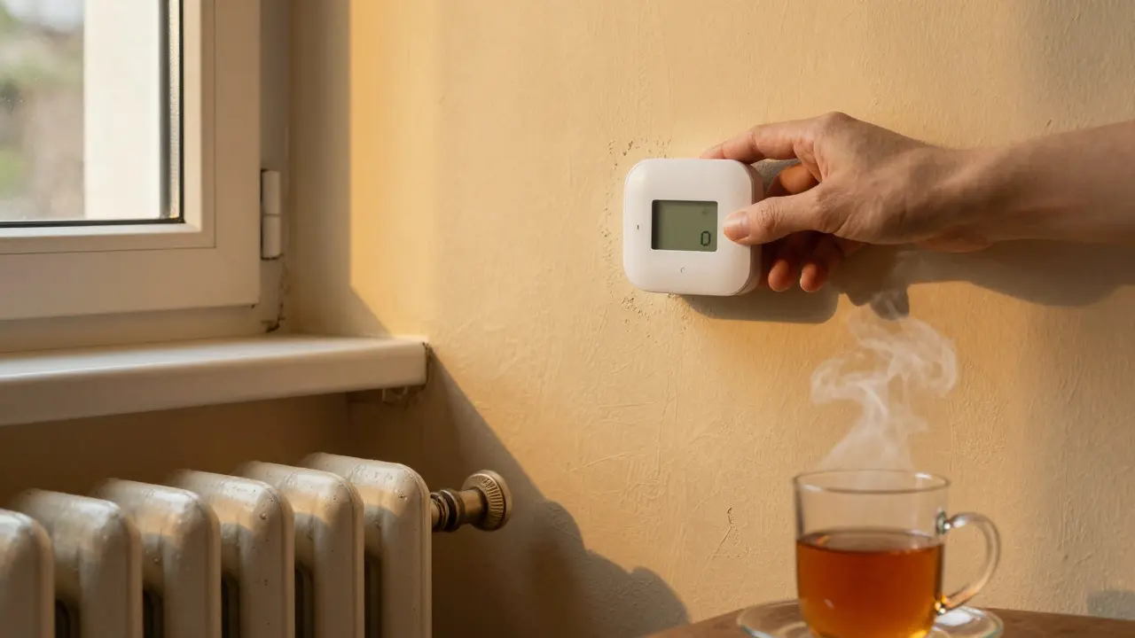 Hand mit Feuchtigkeitssensor an einer gedämmten Wand neben einem alten Heizkörper und einem dampfenden Tee.
