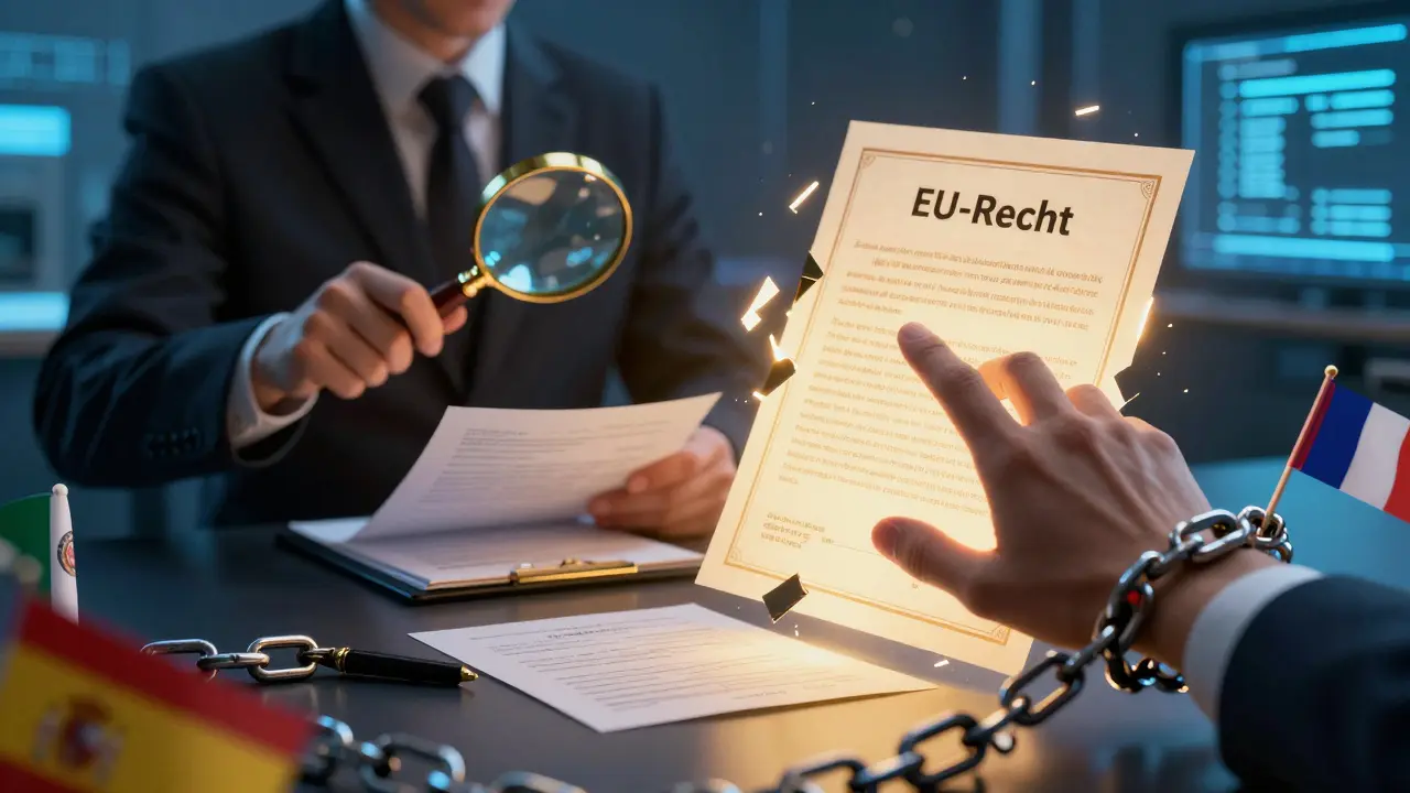 Hand versucht, durch digitale Barriere nach Grundbuchdokument zu greifen, während nationale Flaggen als Ketten sie festhalten.