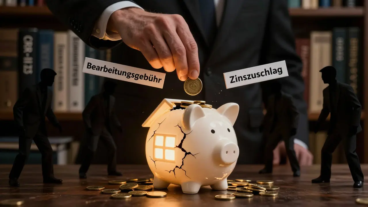 Hände legen Geld in ein Haushäuschen-Piggybank, während Schatten Gebühren entnehmen.