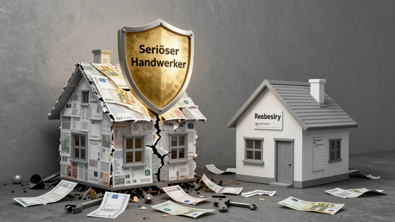 Haus aus zerfetzten Quittungen und Geldscheinen bricht ein, während ein ordnungsgemäß renoviertes Haus geschützt bleibt.