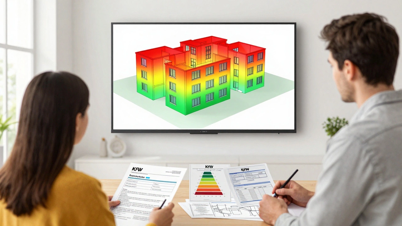 Hausbesitzer und Energieberater besprechen Sanierungsplan an einem Tisch mit digitaler Gebäudedarstellung.