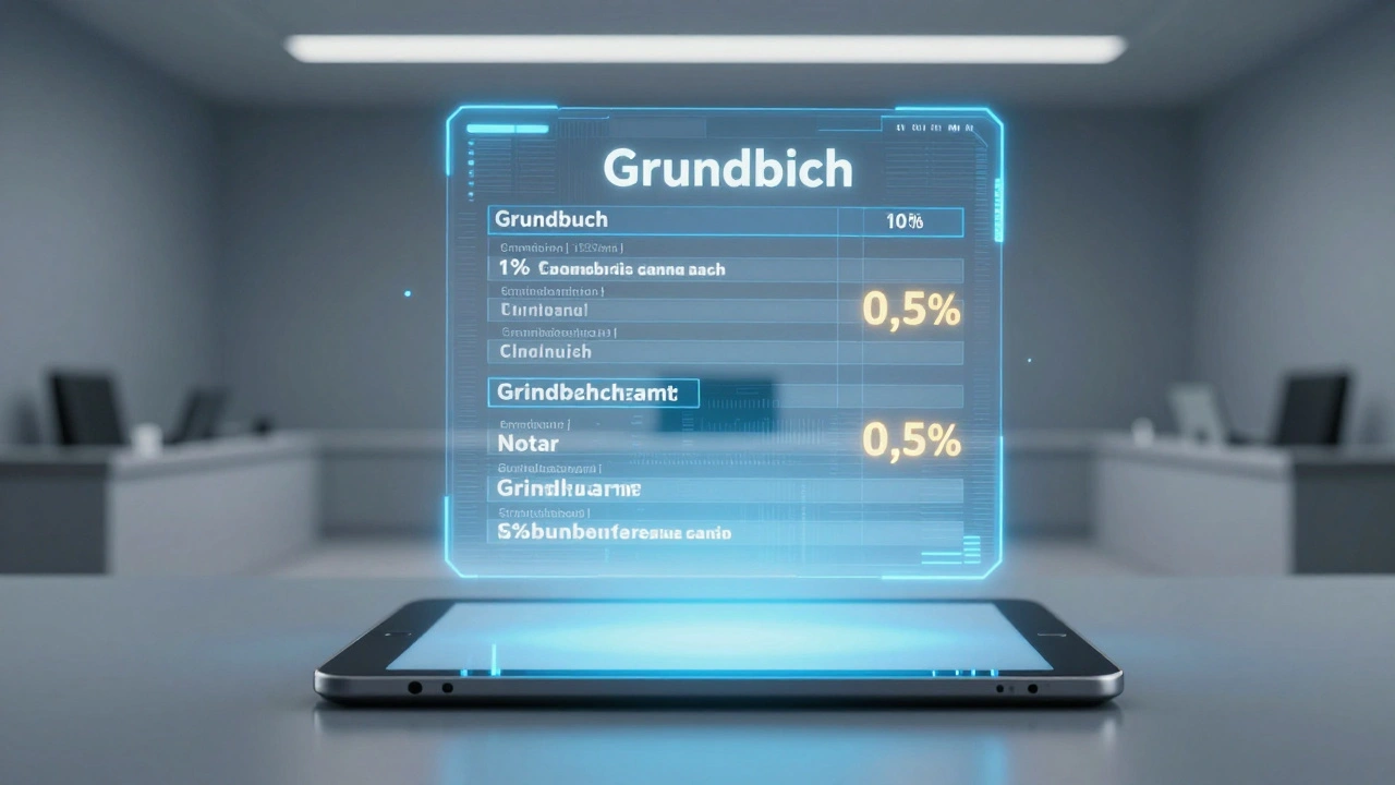 Holografische Grundbucheintragung auf Tablet, Kostenanteile als Lichttexte, digitale Reform, kühle Farben mit goldenen Zahlen.