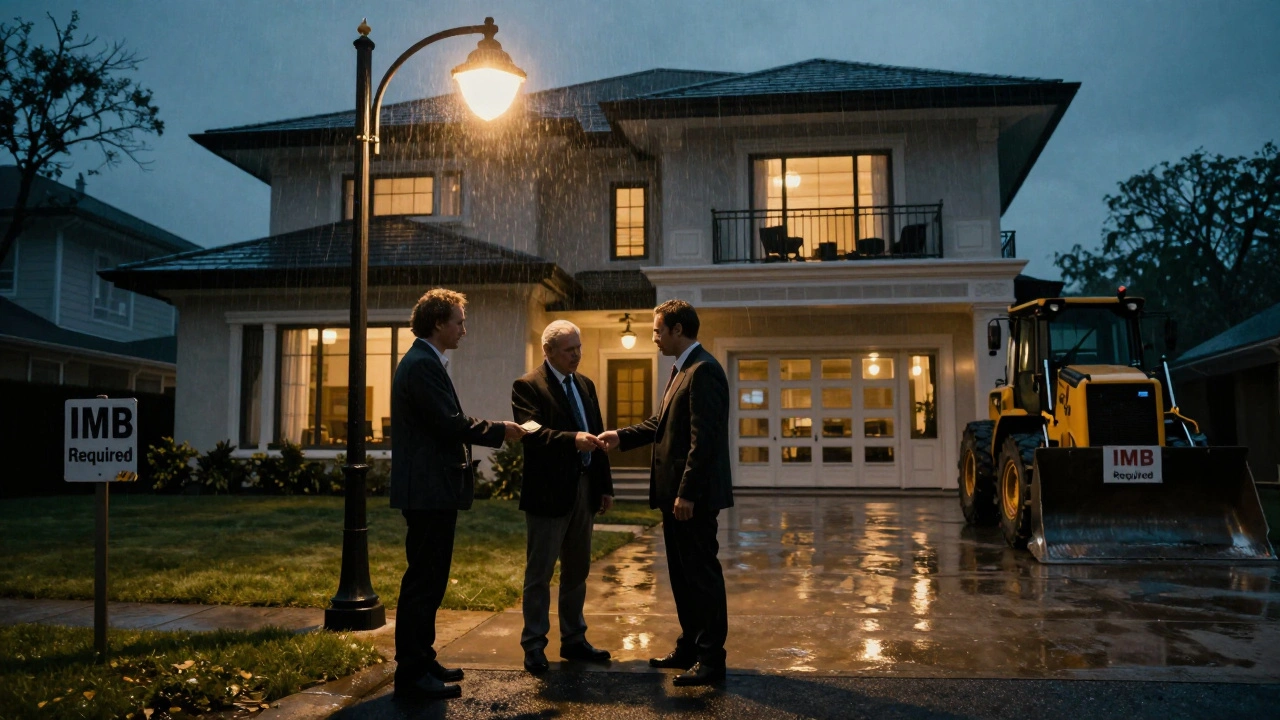 Illegale Villa bei Dämmerung, Investor übergibt Geld an lokalen Mann, Bulldozer im Hintergrund, Regen setzt ein.