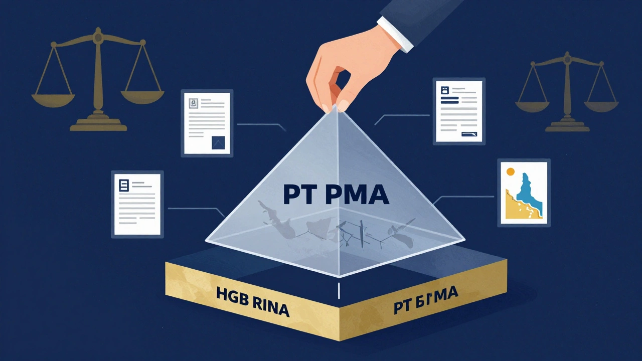 Konzeptuelle Darstellung der PT PMA-Struktur mit Land, Gesellschaft und Investor als Pyramide, umgeben von Genehmigungs-Icons.