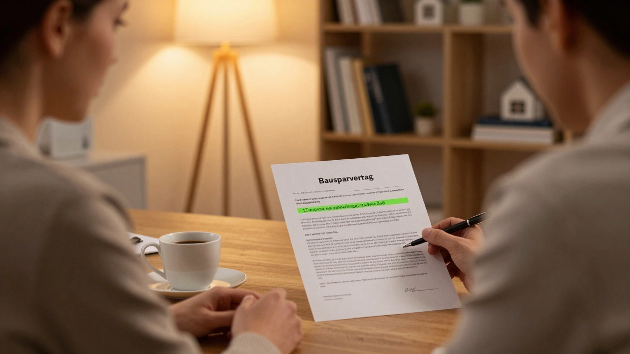 Paar bespricht einen Baukreditvertrag mit 12-Monats-Frist in einem beruhigenden Finanzberaterbüro.