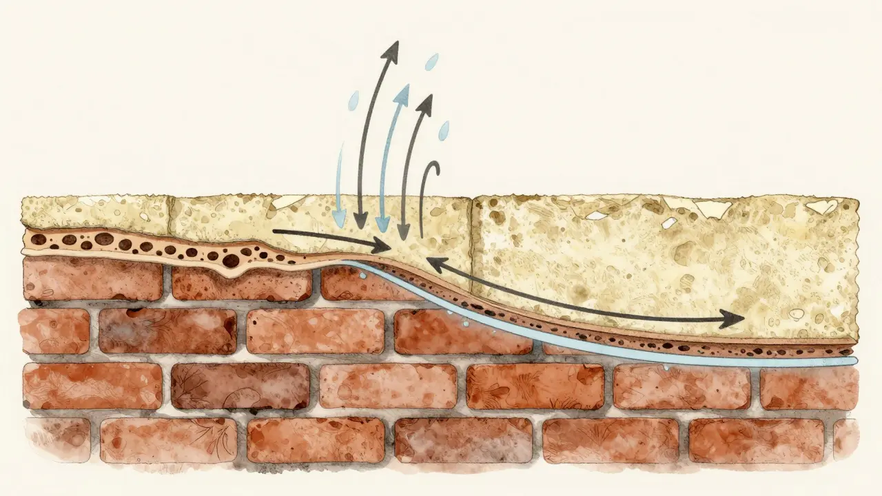 Querschnitt einer alten Ziegelwand mit Feuchtigkeitsbewegung durch diffusionsoffene Dämmmaterialien.