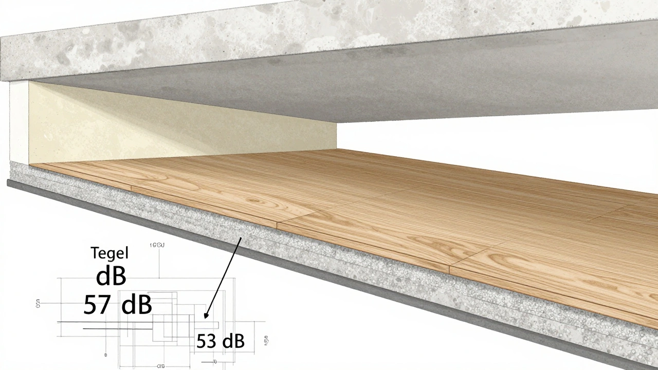 Querschnitt einer Wohnungsdecke mit Schichtaufbau aus Beton, Estrich und Bodenbelag.