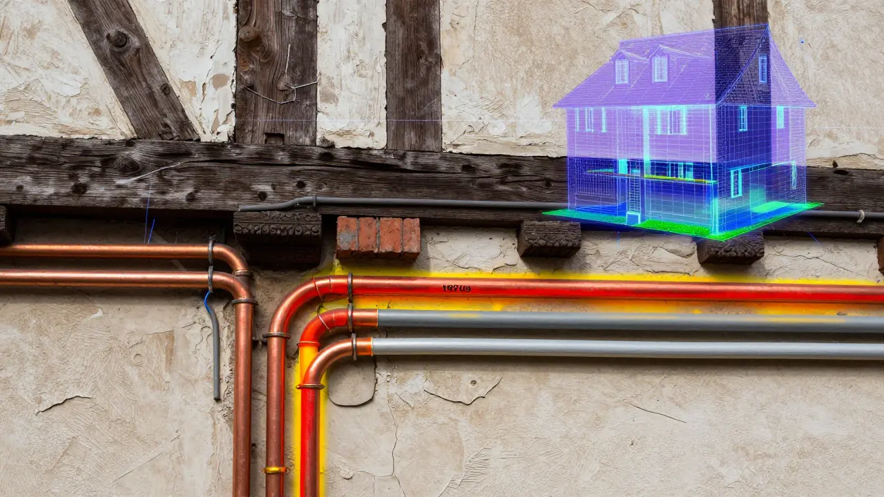 Querschnitt eines Altbauhauses mit überlappenden Leitungen aus verschiedenen Jahrzehnten und thermografischer Darstellung.