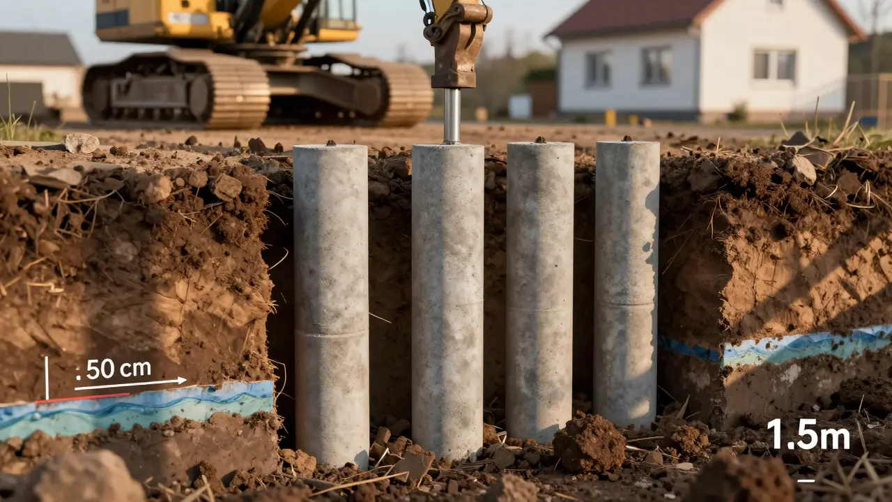 Querschnitt eines Hauses mit Segmentpfählen, die das Fundament von unten stabilisieren.