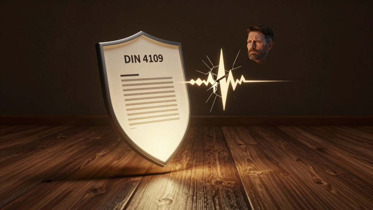 Rechtlicher Schutzschild mit DIN 4109-Symbol über einem Boden, Schallwellen dringen nach oben.