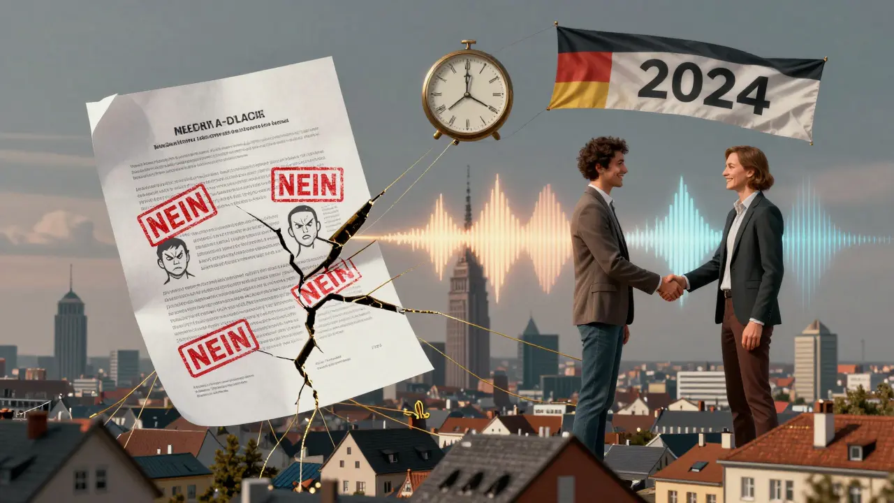 Symbolisches Bild: Zerbrochene Rechtsdokumente werden durch goldene Fäden zwischen Nachbarhäusern verbunden.