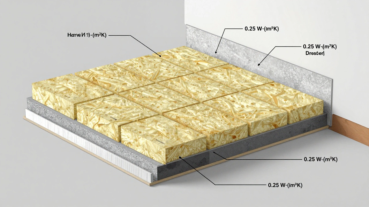 Technische Darstellung der Schichten einer energieeffizienten Bodenunterkonstruktion mit U-Wert-Kennwerten.