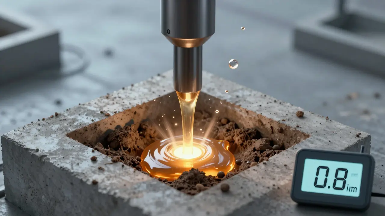 Technische Darstellung des Injektionsverfahrens: Harz dehnt sich unter einem Fundament aus.