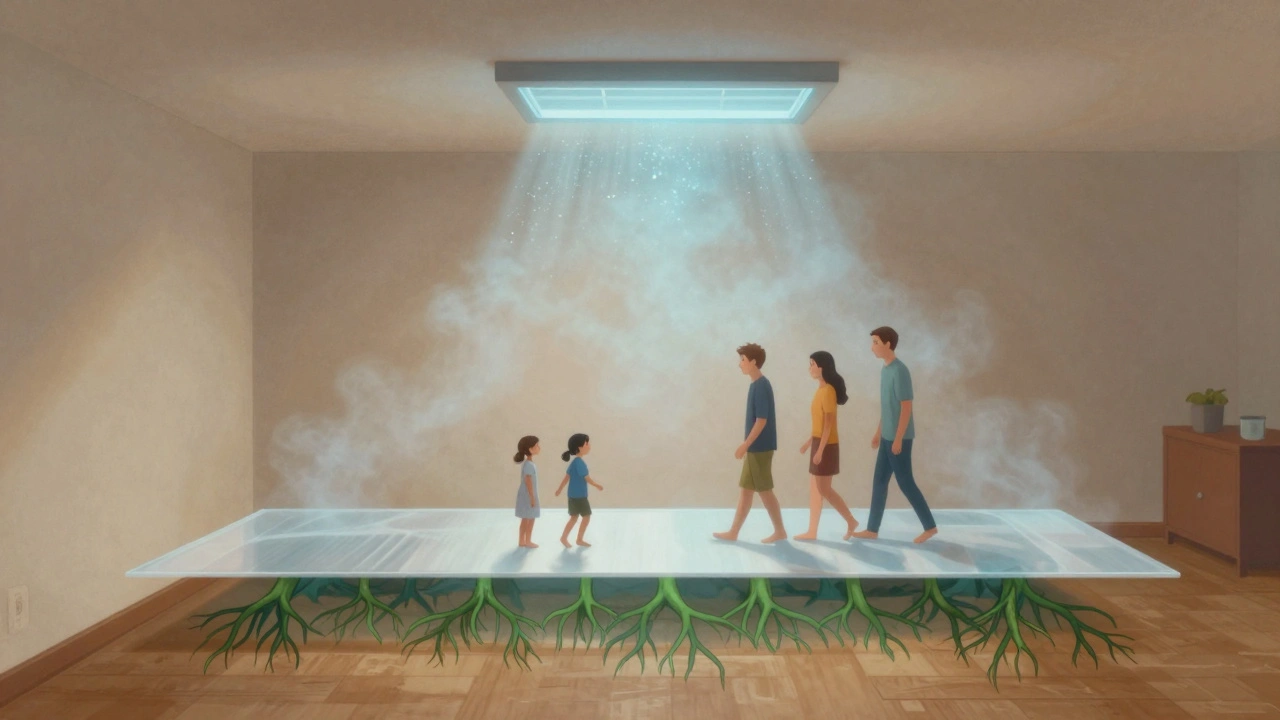 Transparenzdarstellung eines Hauses mit gesundem Boden, Familienmitgliedern und schadstofffreier Luft.